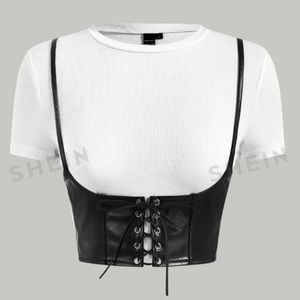 Never Worn Black And White Pu Leather Neck Tee